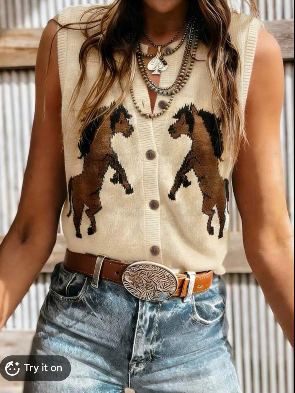 Cream Knit Button-Up Vest with Brown Horse Motif. Size SMALL-NWOT